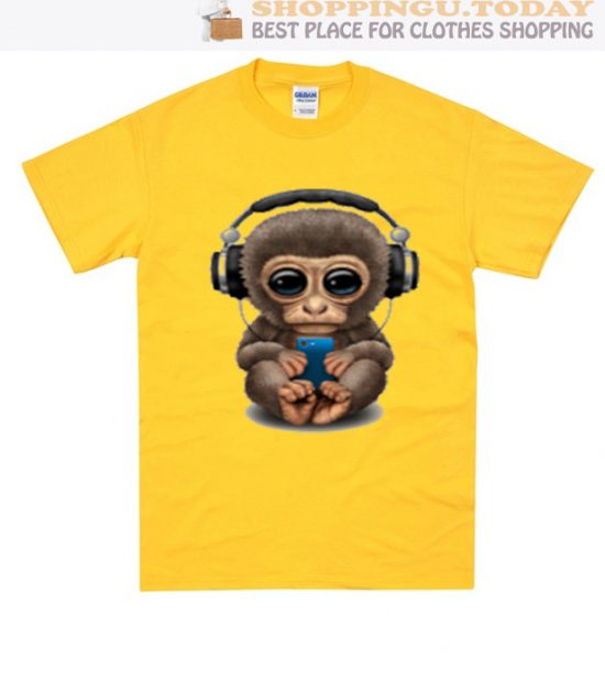 Cute Baby Monkey With Cell Phone Wearing Headphones SP Shirt