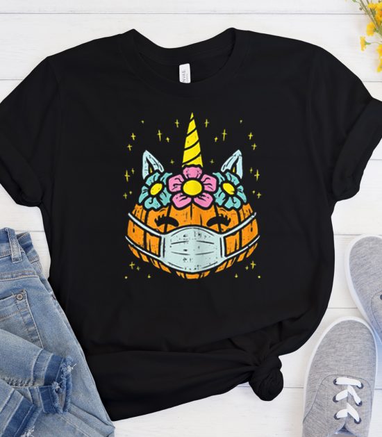 Unicorn Pumpkin in Face Mask Cool Trending T Shirt